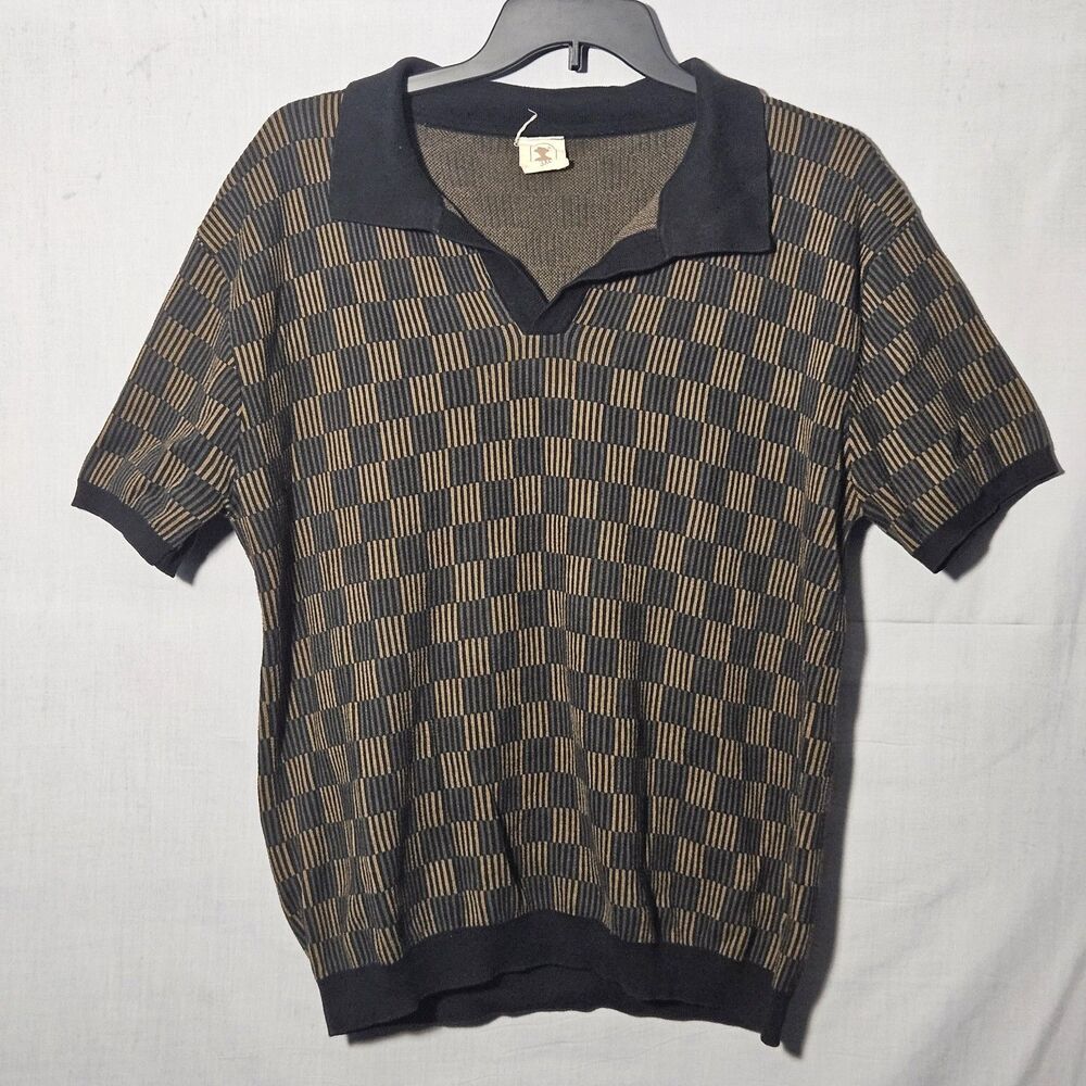 Dandy Del Mar Sebastian Knit Polo Shirt Mens 3XL Black Brown Checkered Italian